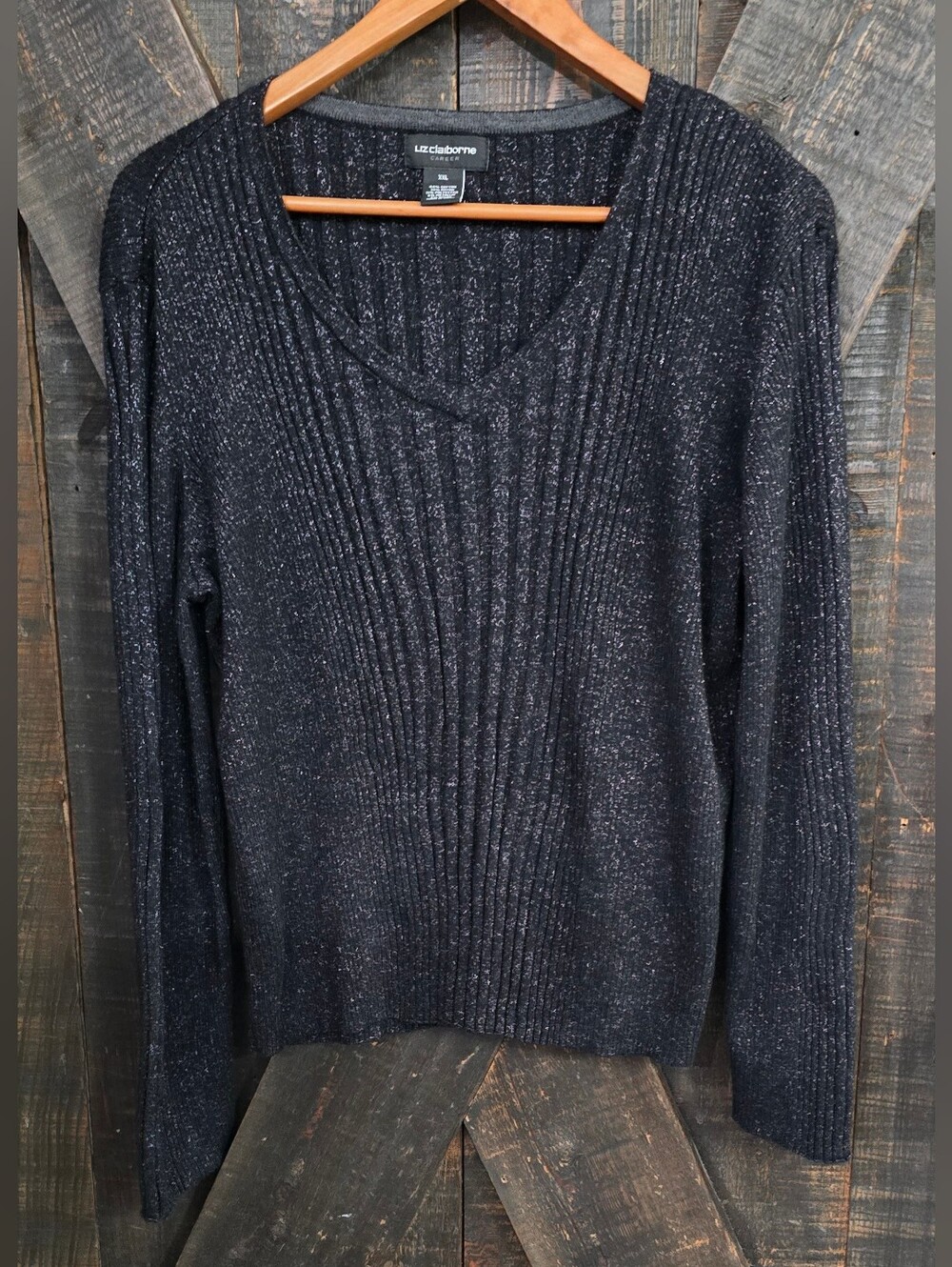 Liz Claiborne Black Metallic Ribbed Scoop Neck Sweater XXL